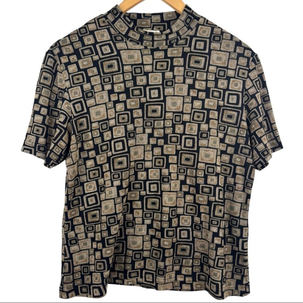 Braemar Jeremy Scott Taupe Black Geometric  Square Pattern Stretchy Mock Neck L